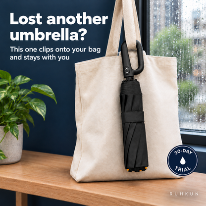 Lost another umbrella? The StormHook clips onto your bag