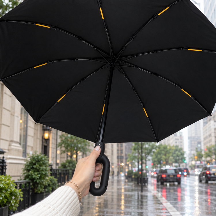Une pression ouvre le parapluie